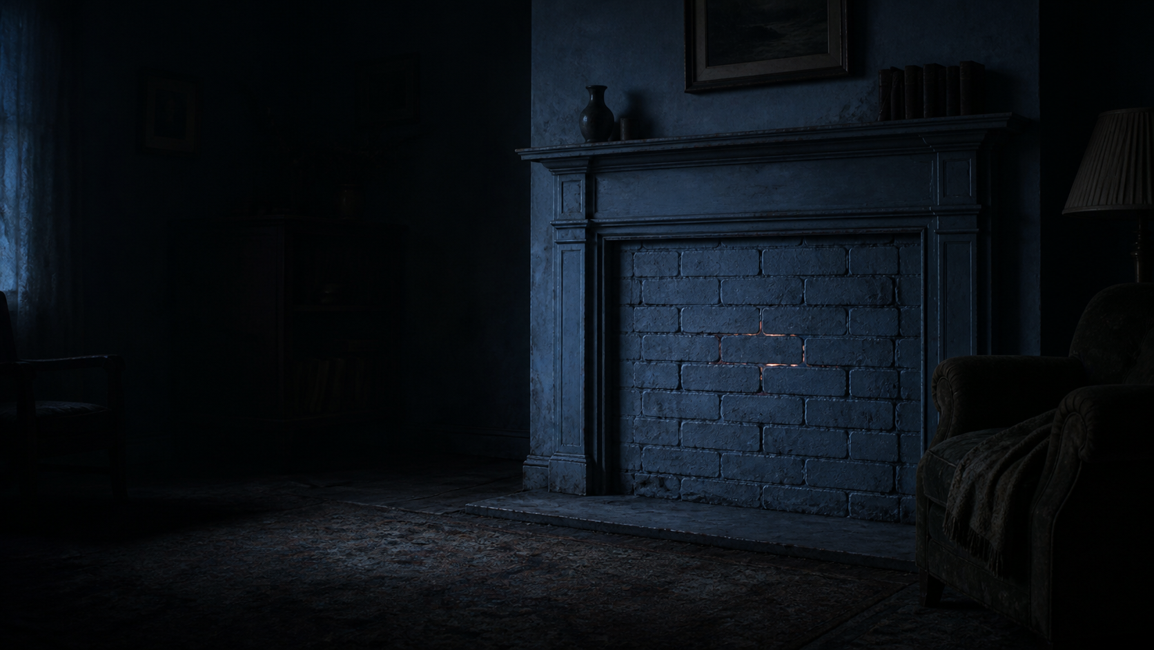 A sealed pale-blue brick fireplace in a dark, quiet living room.