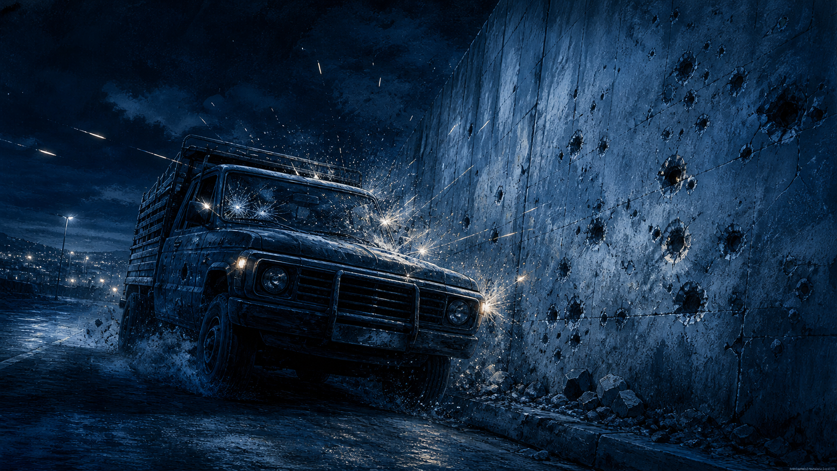 A truck races beside a concrete wall under gunfire, with sparks and bullet holes cutting through the blue night.
